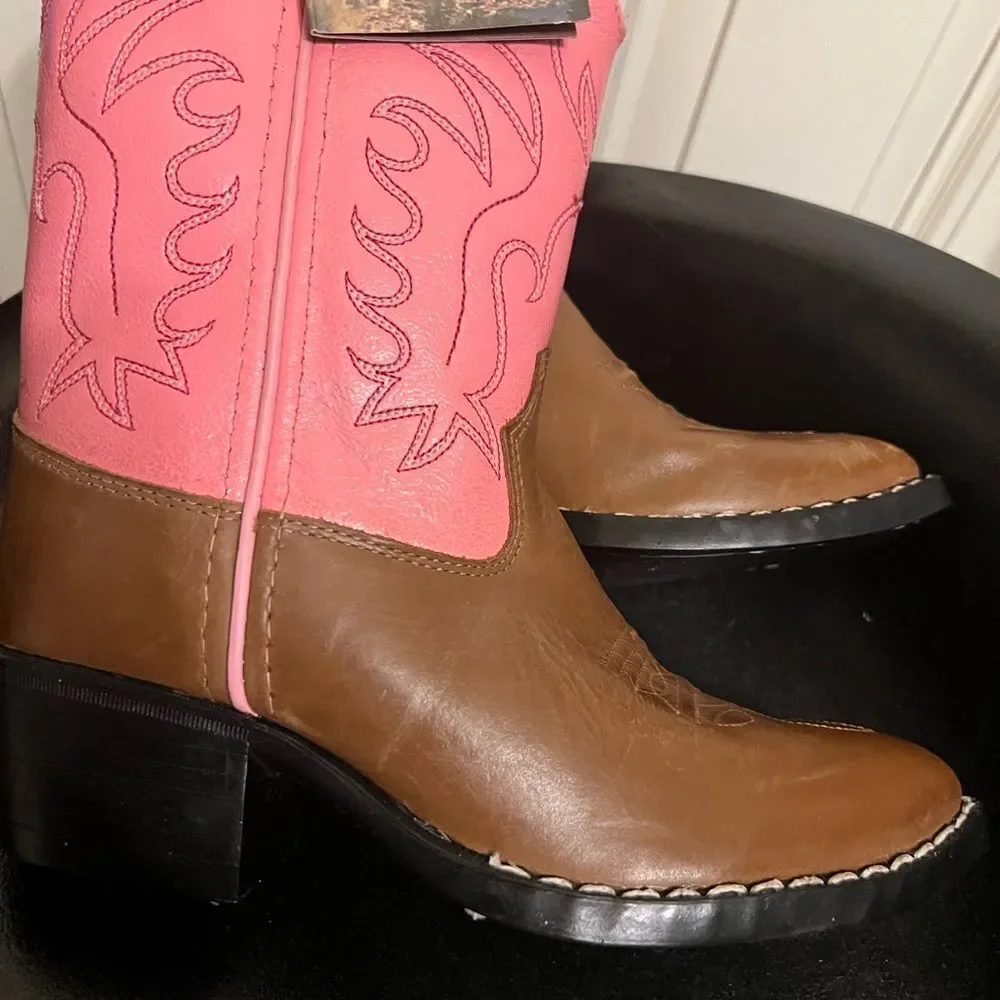 OLD WEST Girl's J Toe Tan Canyon/Pink Western Boot (8139) Sz 13.5